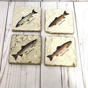Studio Vertu Stone Coaster Set 4 Fish Salmon Trout Travertine Rustic Lodge Decor